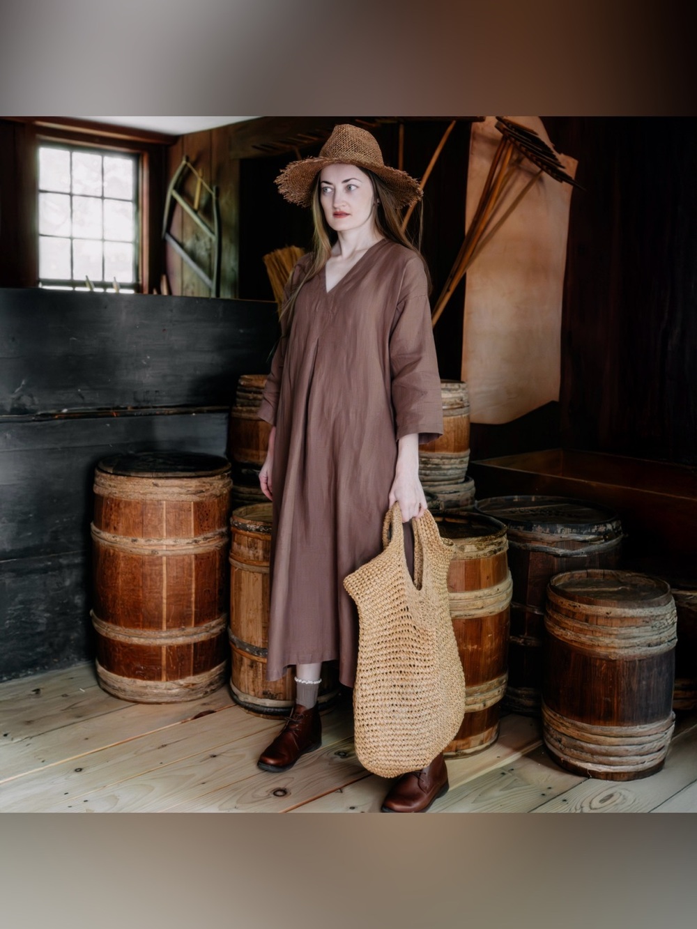 Women's V-Neck Brown Linen Midi Dress - Picture 5 of 9